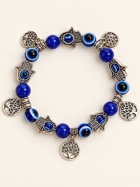 Turkish Blue Evil Eye Hamsa Hand Charm Bracelet Tree of Life